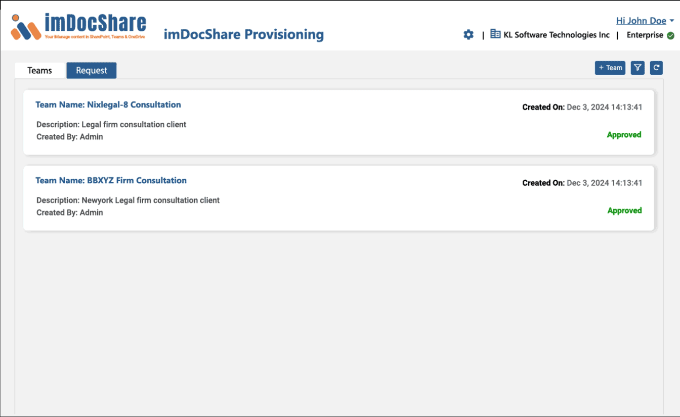 netDocShare Provisioning - Ability to add/edit/view any Team